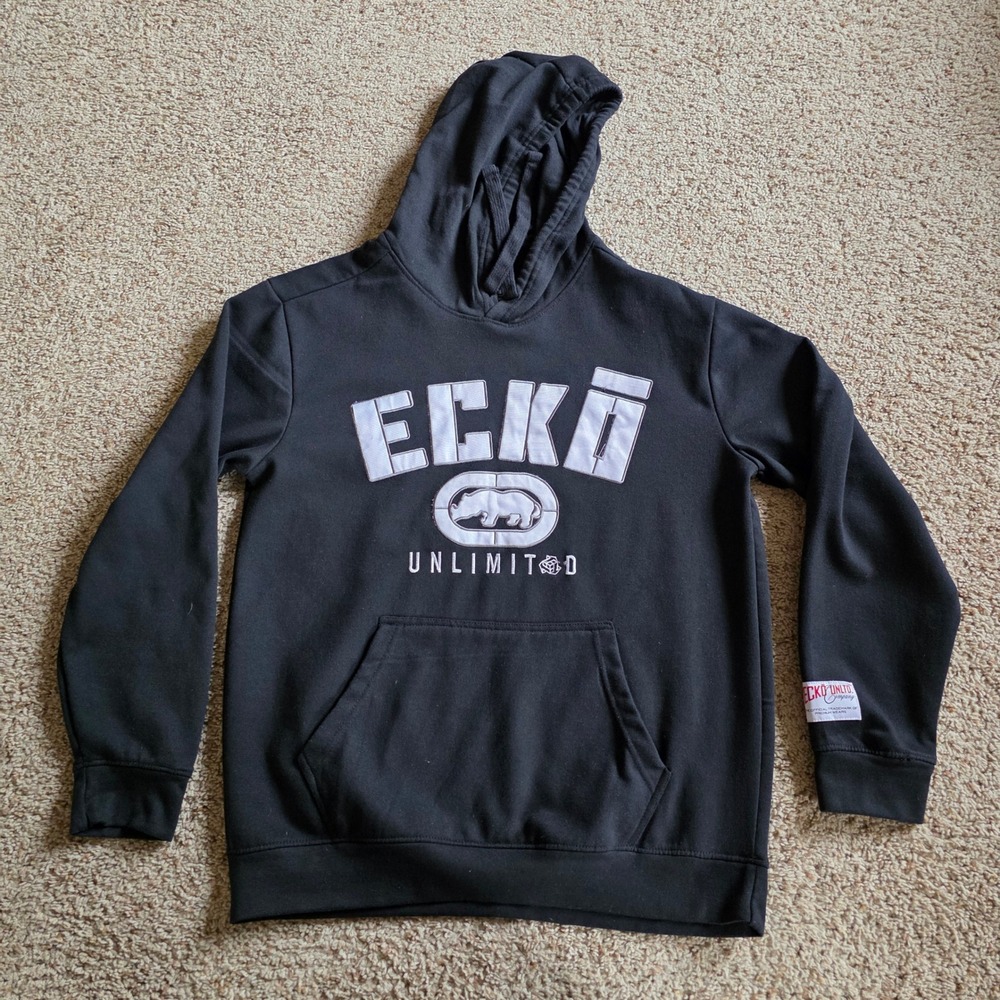 Ecko Unltd‎ Mens Hoodie Black White Logo Applique Pullover Sweatshirt Large L